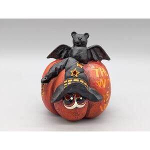 Vintage Resin Ceramic Witch Pumpkin & Bat Light Up Halloween Decoration 6.5"